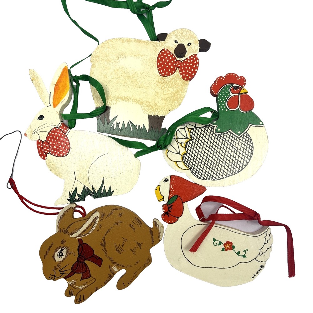 Lot Of 5 Vtg Wooden Christmas Animals Ornaments‎ Bunny Goose Hen Grannycore